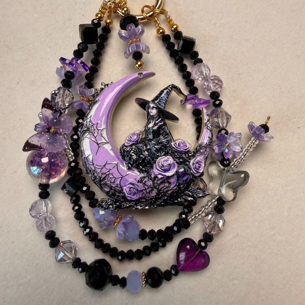 Witch Crescent Moon Purple Black Beaded Phone Wristlet Keychain Gothic Strap New